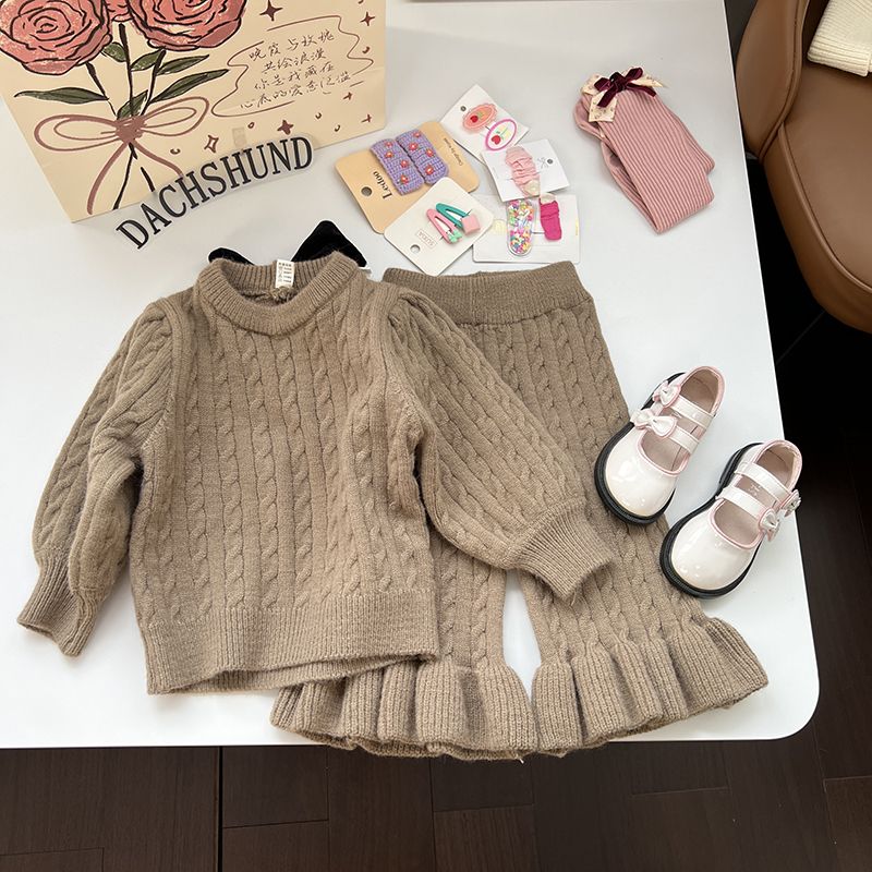 Girl's Fragrant Set Baby Fashionable Knitted Sweater Flare Pants Children's Casual Korean Two piece Set Trendy