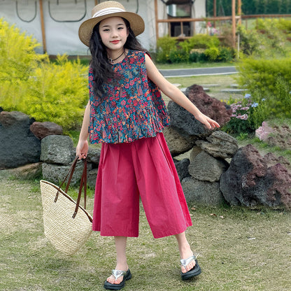 P Girls Summer Set 2024 New Girl's Fashionable Flower Top Children's Wide Legged Pants Big Kids Fashion Two Piece Set