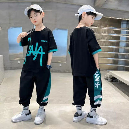 P boys summer suit thin children&#039;s 2023 new Korean fashion boy short sleeve ice silk pants two-piece.