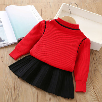 Girls' Sweater Set Autumn/Winter New Little Girl Bow Knitted Top Western Short Skirt Two piece Set