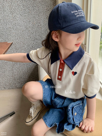 P Girls' Suit Summer 2024 Foreign Polo Short Sleeve Versatile Summer Dress Popular Denim Shorts Children's Two-Piece Trend