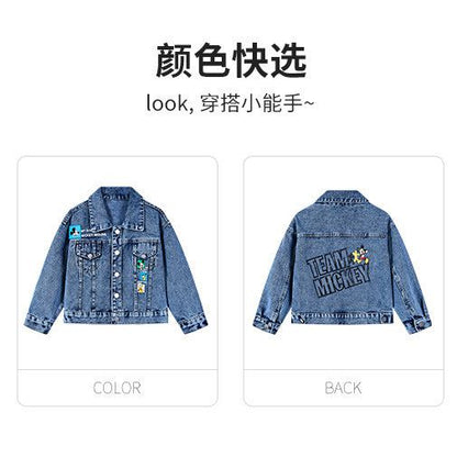 P Cool Handsome Windshield Children's Soft Denim Jacket Autumn Cartoon Splicing Printing Medium Older Children's Top Versatile Loose Handsome