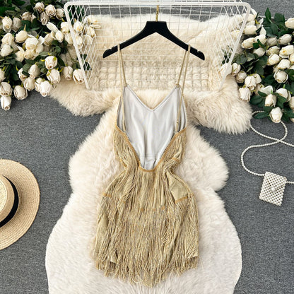 P sexy hollow backless fluffy fringed splicing suspender dress women's pure desire advanced sense thin birthday dress dress dress