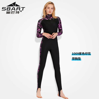 A Shark Bart Full body Diving Suit Women's One piece Long sleeved Long Pants Sunscreen Swimming Suit Quick drying Jellyfish Suit Diving Surfing Suit Women