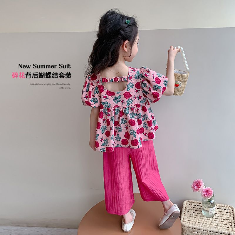 P Ohm Bear Girls' New Chinese Style Summer Set 2024 New Western Style Baby Girl Fashionable Summer Breathable Two Piece Set