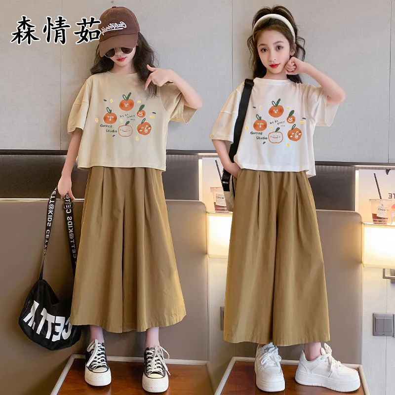 P Girls' suit, summer clothes, 2024 new foreign style girls, short-sleeved middle-sized children's wide-leg pants, cropped pants, two-piece children's clothes