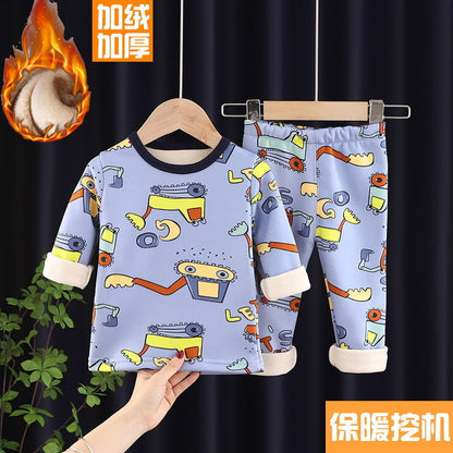 P children's thermal underwear set fleece thickened boys and girls long johns baby pajamas children's underwear winter