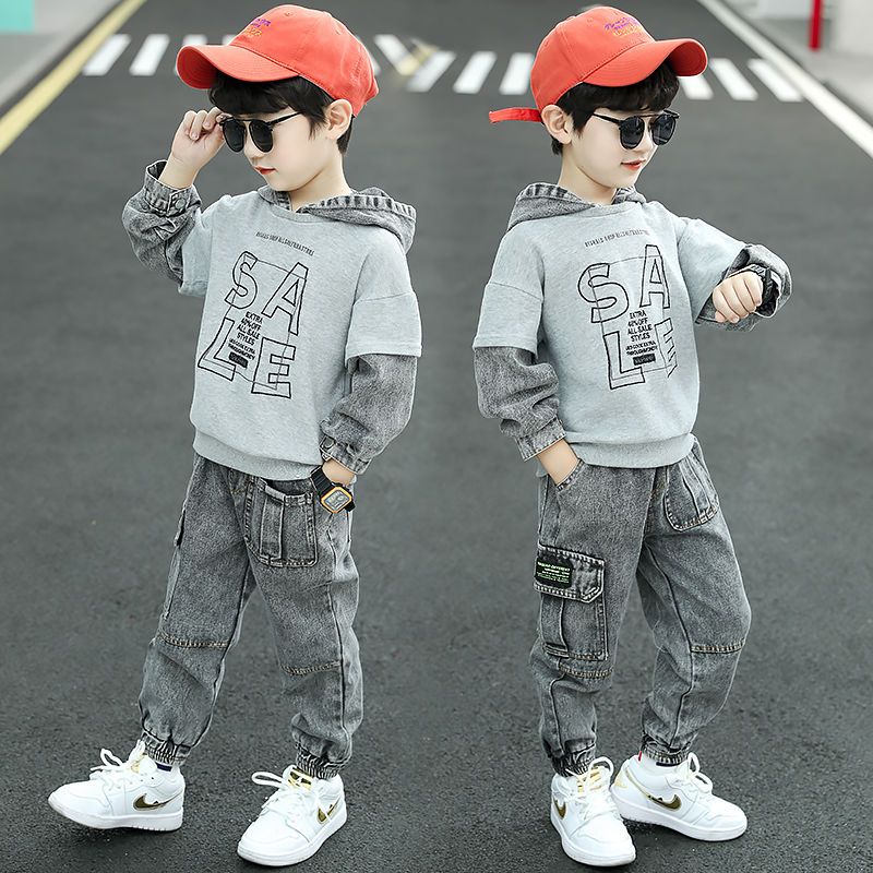 Children's clothing, boys' autumn suit, new children's spring boys' hoodie, two piece set of large children's denim clothes 1KG