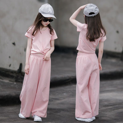 P Girls' summer suits, foreign fashion, Internet celebrity children's clothes, 2024 middle-aged and older children's girls, short-sleeved wide-leg pants two-piece set