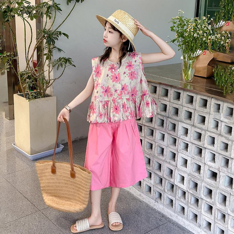 P girls&#039; summer suit 2024 new western-style fashionable sweet vest girls&#039; loose skirt two-piece suit