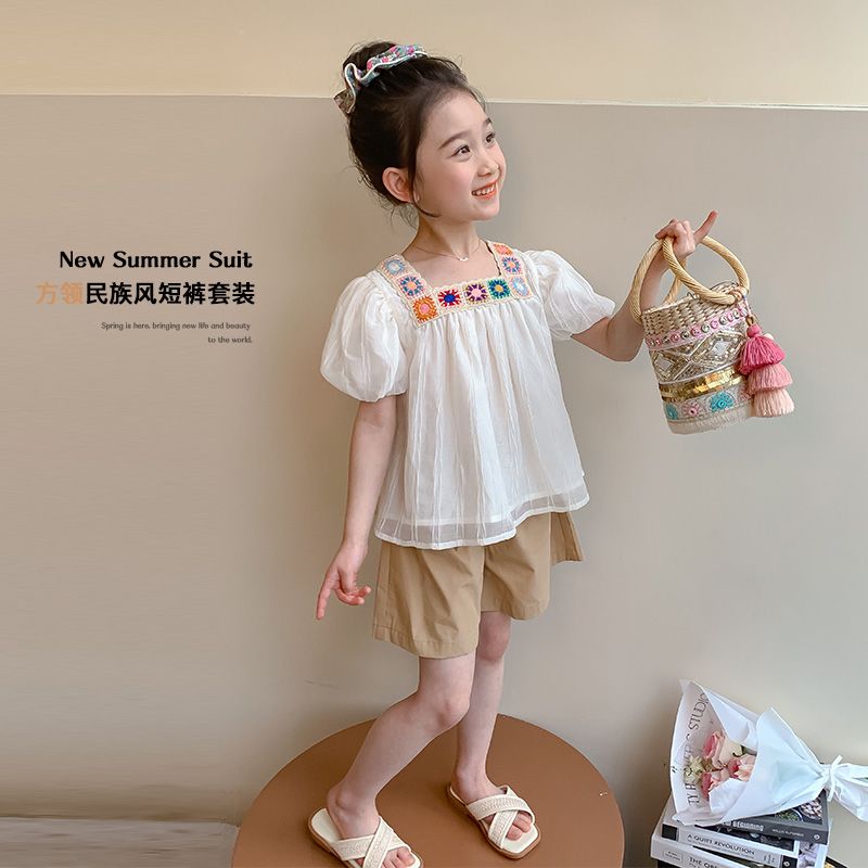 P Ohm Bear Girls' New Chinese Set Ethnic Set 2024 Summer New Female Baby Fashionable and Fashionable Two Piece Set