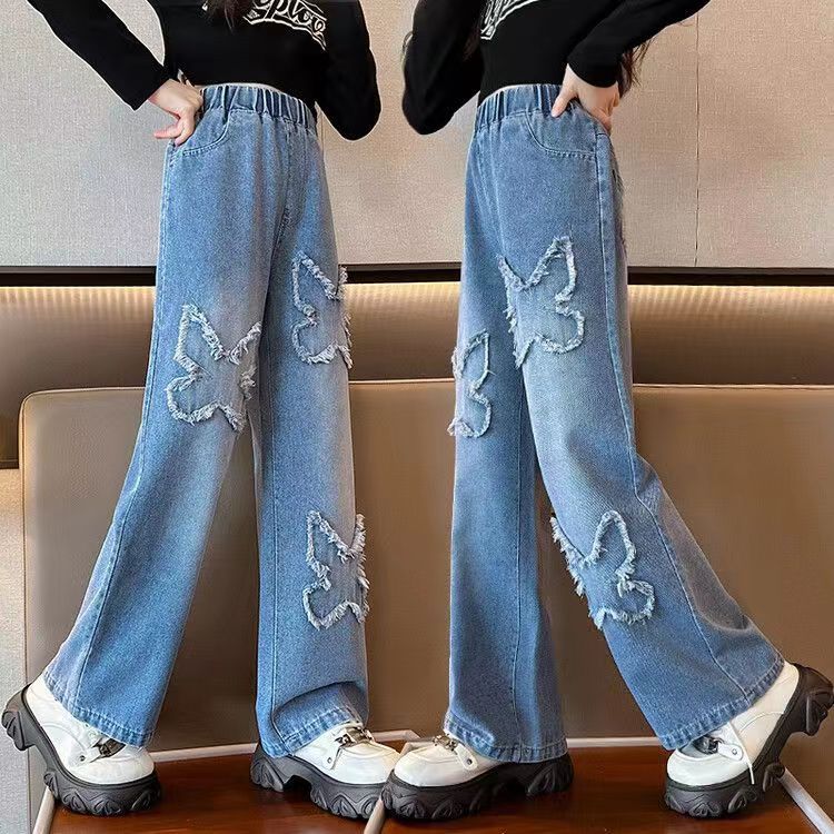 P girls spring and autumn jeans wide-leg pants 2024 new girls Korean version loose fashion foreign style middle-aged pants tide