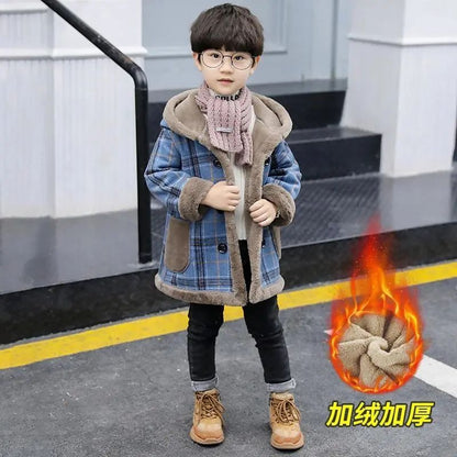 woolen coat for boys and girls, velvet thickened hooded coat