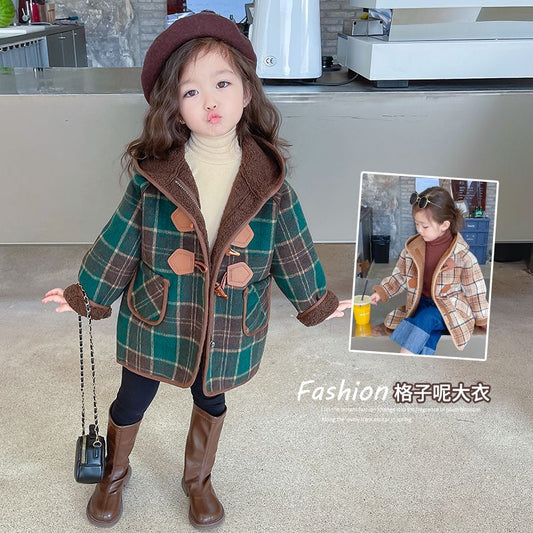 Girls' woolen coats, children's mid-length croissant button windbreakers, baby plaid plus velvet woolen coats