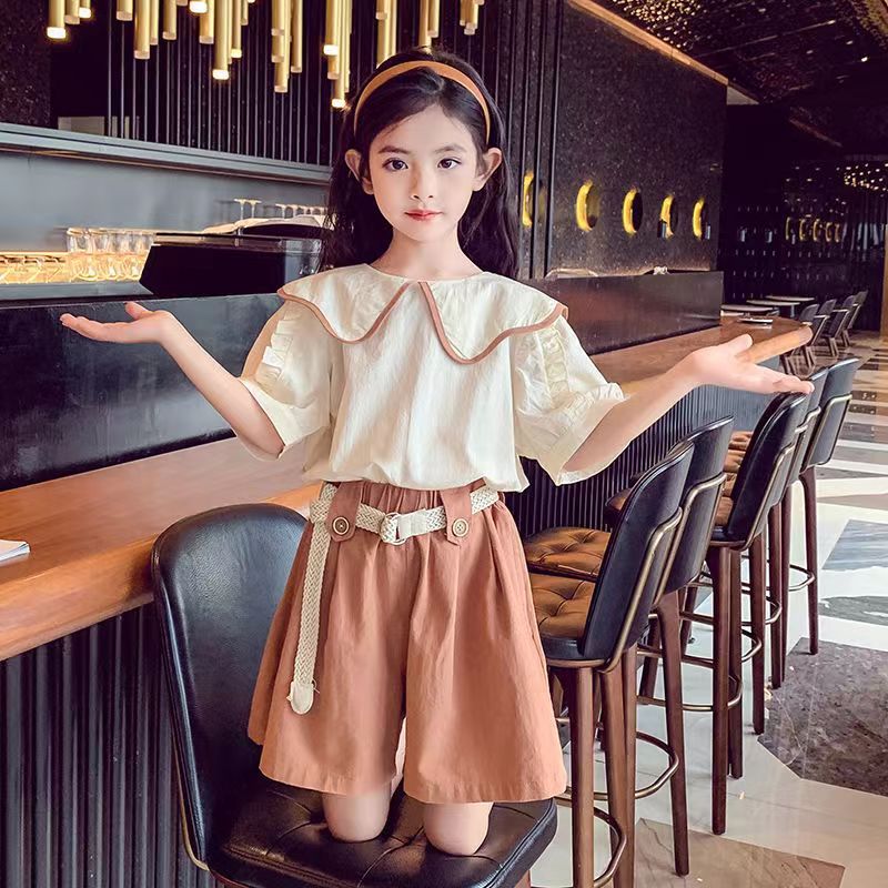 P girls&#039; summer suit thin 2024 new Zhongda children&#039;s short-sleeved shirt online celebrity fashionable shorts two-piece suit.