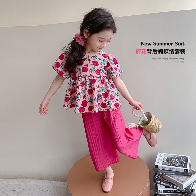 P Ohm Bear Girls' New Chinese Style Summer Set 2024 New Western Style Baby Girl Fashionable Summer Breathable Two Piece Set