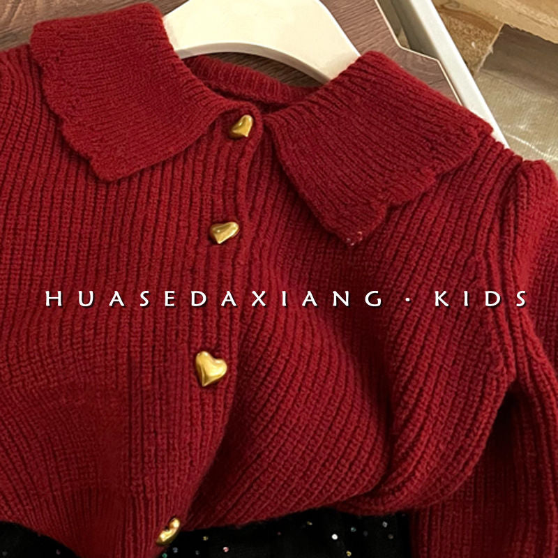 Korea children&#039;s wear girls autumn retro Joker knit cardigan children&#039;s western style lapel long sleeve solid color sweater.