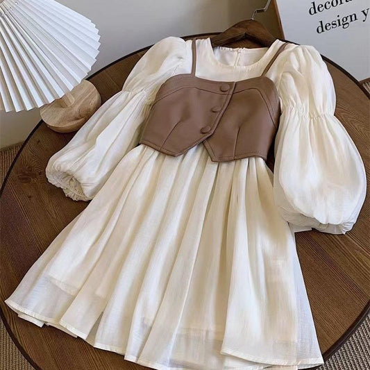 Conjunto de vestido de otoño de dos piezas para niñas de CUHK, conjunto de vestido con chaleco de cuero PU retro francés 