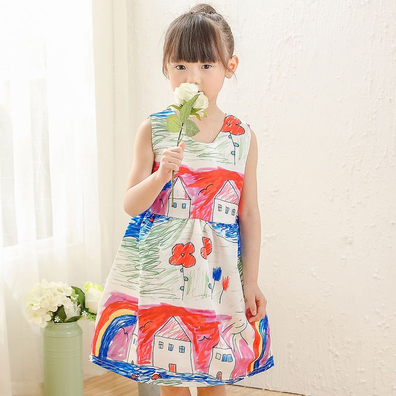 Girls sleeveless dress, new princess dress, summer dress, trendy korean version of children's summer, middle and big children's cartoon print skirt