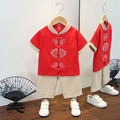 P Children's summer style Hanfu 2 boys Chinese style cotton and linen short sleeve Tang costume set 7 baby thin Chinese costumes