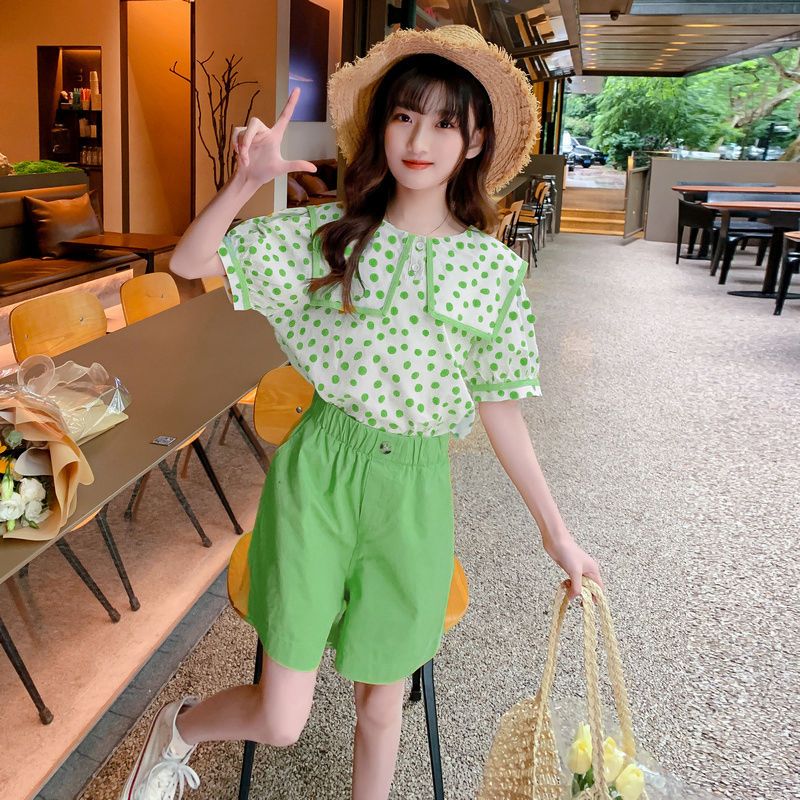 P Girls Summer Cotton Short Sleeve Set 2024 New Children's Shorts Summer Dress Foreign Atmosphere Little Girl Foreign Two-Piece Set