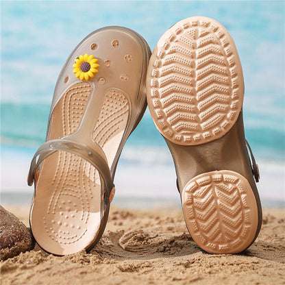 P 2024 Zapatos con agujeros para mujer, suela gruesa de verano, zapatos de gelatina, pies antiolor, pantuflas Tutou para uso externo, zapatos de playa transpirables de dos usos 