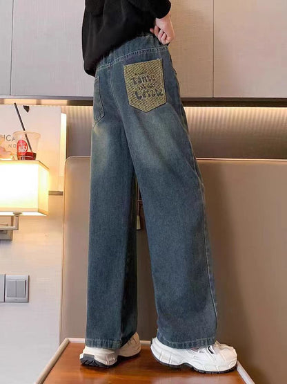 P girls jeans 2024 spring and autumn new girls Korean wide-leg pants medium and older children's foreign loose casual straight-leg pants