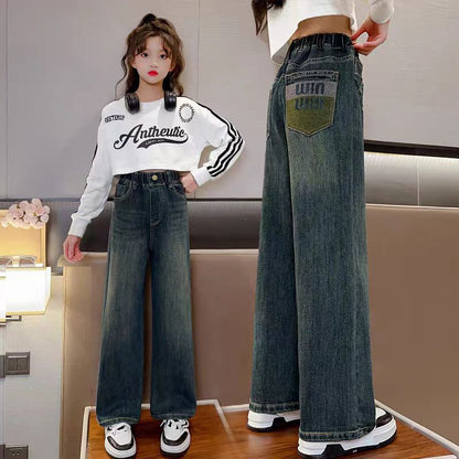 P girls spring and autumn jeans wide-leg pants 2024 new girls Korean version loose fashion foreign style middle-aged pants tide