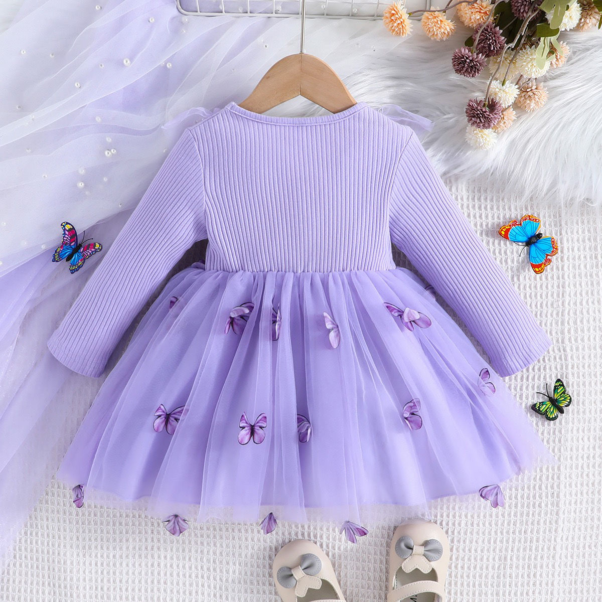 Vestido de manga larga nuevo de primavera y otoño para niñas medianas y pequeñas, falda de malla de moda para niñas pequeñas, falda de bebé europea y americana 