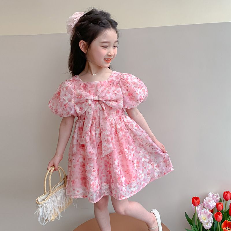 P Ohm Bear Girls Dress Summer 2024 New Little Girl Floral Princess Dress Summer Dress Bow Dress