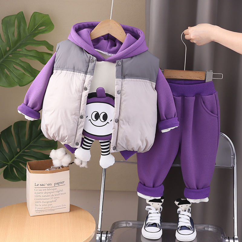 P Boys' Winter Clothing Thickened Vest Three-piece Set This Foreign Style Baby Autumn and Winter Fleece Sweater Set Baby Children's Clothing