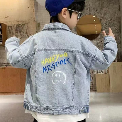 P Boys Denim Jacket Spring 2024 New Children's Denim Clothing Medium and Older Children's Casual Top Boys Spring and Autumn Children's Clothing