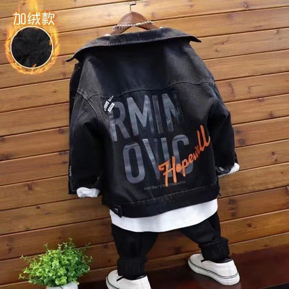 P children's clothing boys denim jacket spring and autumn 2023 boys middle-aged and older children's trendy casual jacket trendy children's loose denim