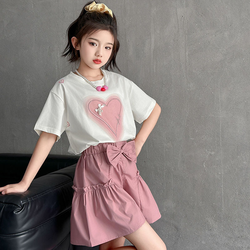 P Girls Summer Short sleeved Set 2024 New Chinese and Big Children's Fashionable Love and Fashion Girl Trendy Two Piece Summer Set