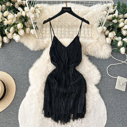 P sexy hollow backless fluffy fringed splicing suspender dress women's pure desire advanced sense thin birthday dress dress dress