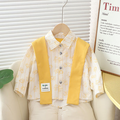 P Boys Autumn Shirt Set 2024 New Style Long-sleeved Shirt for Men and Children Spring and Autumn Children Handsome Three-piece Set