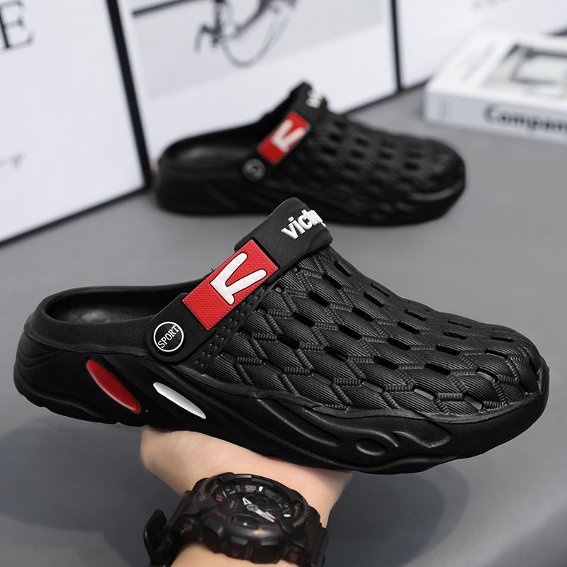 Zapatos de agujero P para hombre, nuevos zapatos de verano antideslizantes y resistentes al desgaste de doble propósito, explosiones de talla grande Baotou, zapatos de playa de suela gruesa con sensación de mierda. 