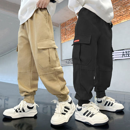 P boys pure cotton pants 2024 older children's spring and autumn new casual overalls autumn thin handsome cotton trousers tide