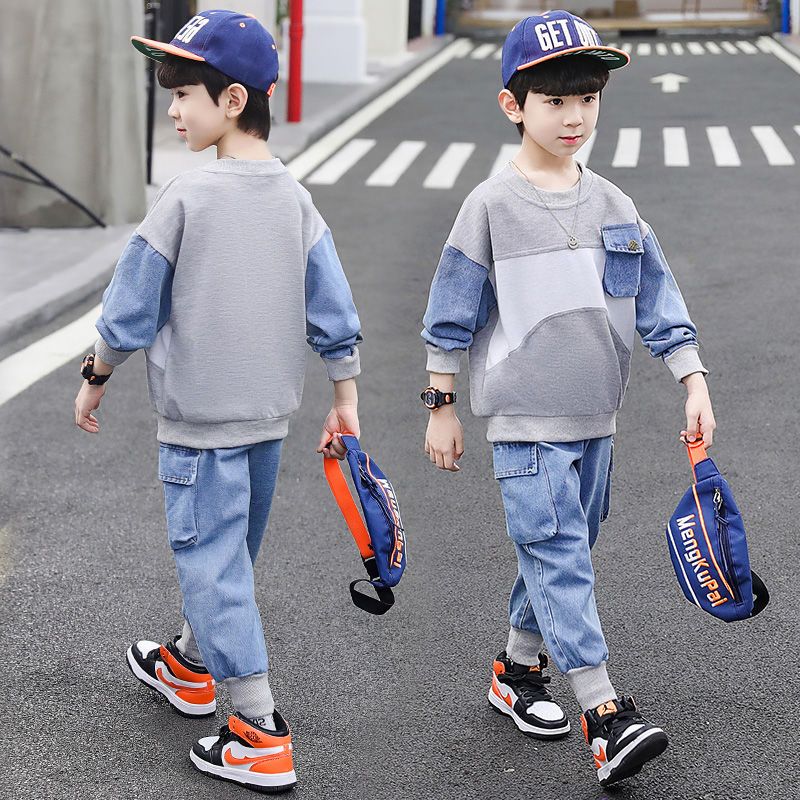 Children's clothing, boys' autumn suit, new children's spring boys' hoodie, two piece set of large children's denim clothes 1KG