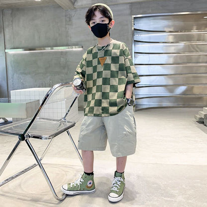 P Boys' Summer Suit Thin 2024 New Medium and Large Children's ClothesSummer Clothes Short Sleeve Clothes, Boys' Summer Trendy Brands, Fashionable