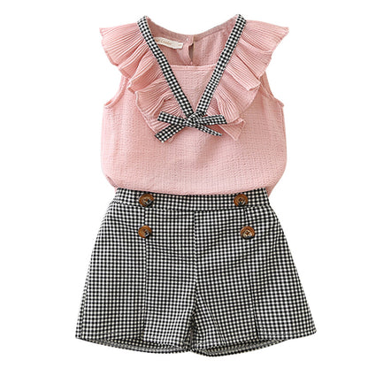 Versión coreana de verano de chaleco de gasa para niñas de comercio exterior + pantalones cortos a cuadros, traje de dos piezas, ropa infantil popular transfronteriza 