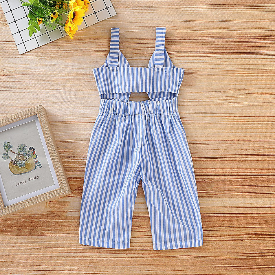 Europe and America children&#039;s wear 2019 girls pink striped bow strap jumpsuit