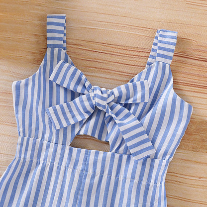 Europe and America children&#039;s wear 2019 girls pink striped bow strap jumpsuit