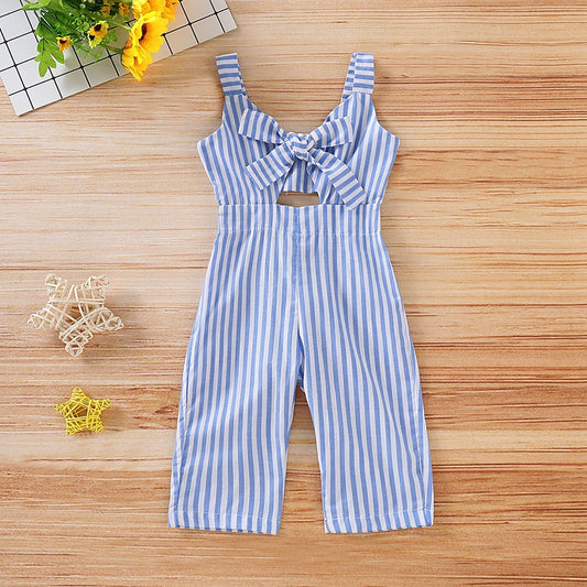 Europe and America children&#039;s wear 2019 girls pink striped bow strap jumpsuit