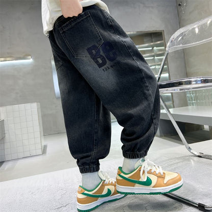 P Boys Tie Jeans Spring and Autumn 2024 New Children's Blue Pants Casual Middle and Older Children's Autumn Pants Tide