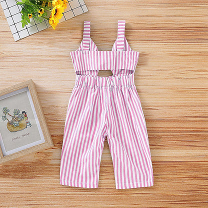 Europe and America children&#039;s wear 2019 girls pink striped bow strap jumpsuit