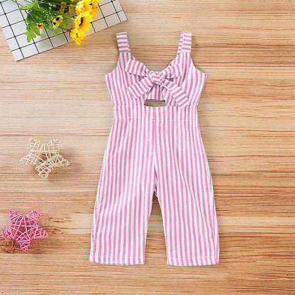 Europe and America children&#039;s wear 2019 girls pink striped bow strap jumpsuit