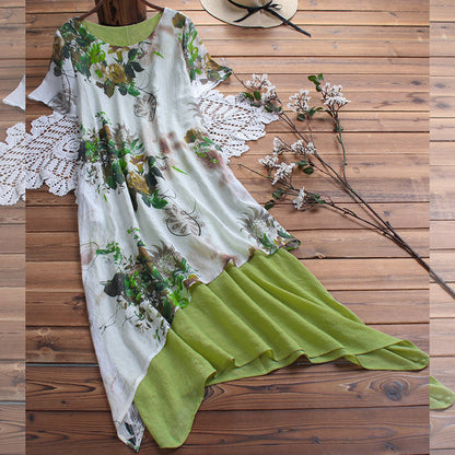 Dress Summer new cotton and linen loose printed mid-length fake two-piece plus size women's long dress