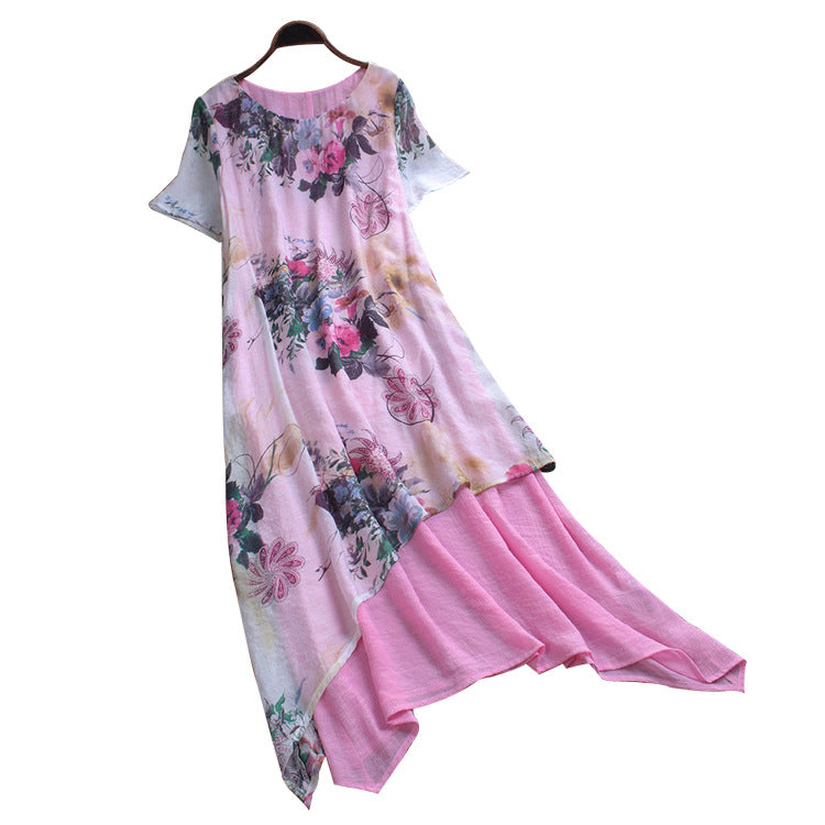 Dress Summer new cotton and linen loose printed mid-length fake two-piece plus size women's long dress