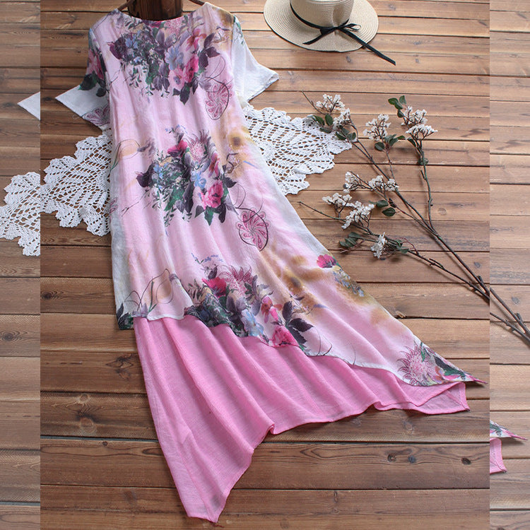 Dress Summer new cotton and linen loose printed mid-length fake two-piece plus size women's long dress